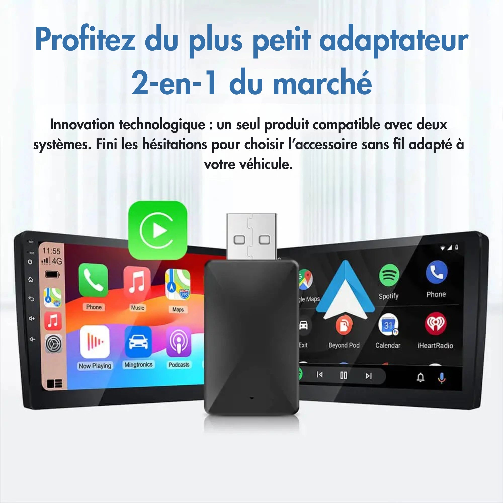 Adaptateur sans fil 2-en-1 CarPlay & Android Auto – Plug & Play