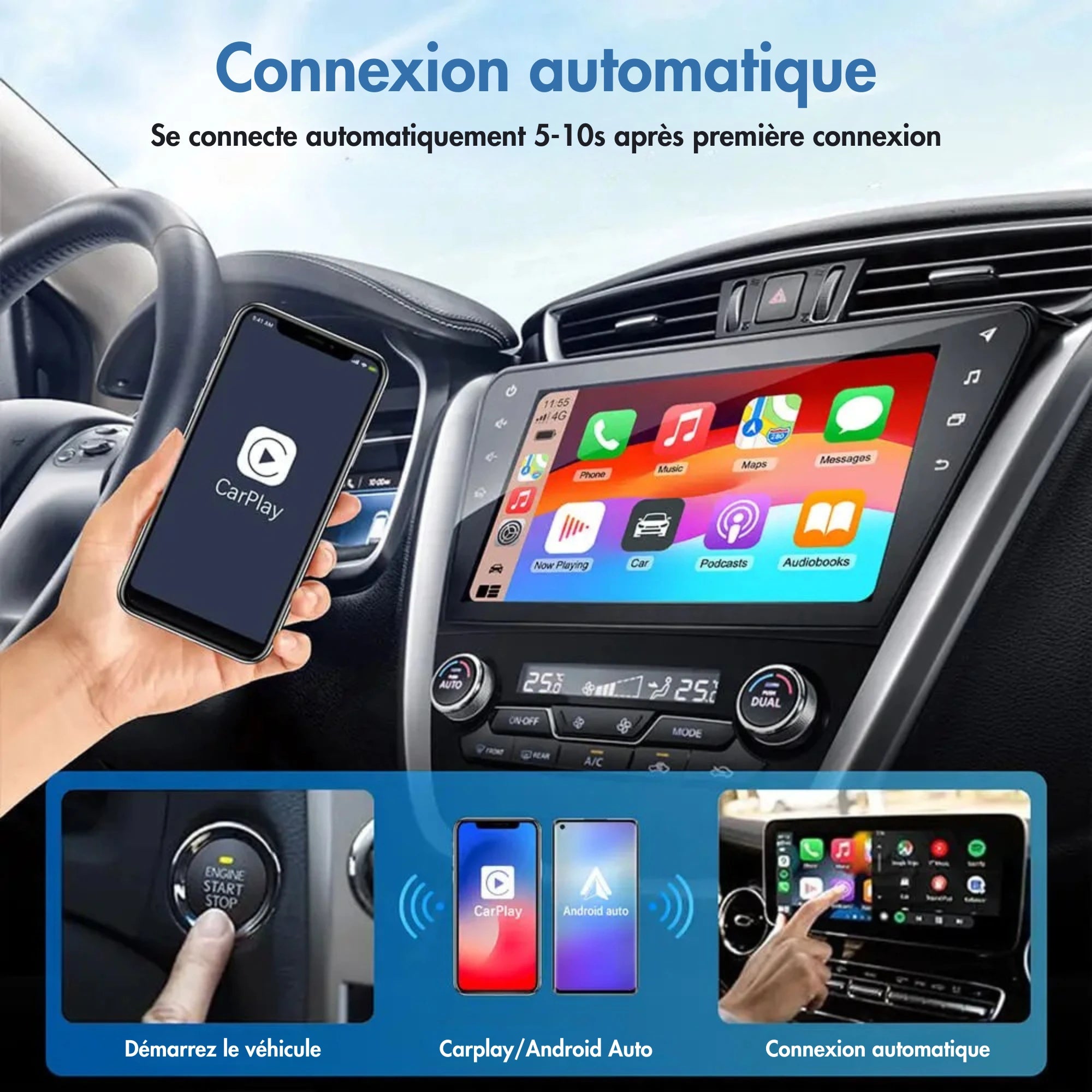 Adaptateur sans fil 2-en-1 CarPlay & Android Auto – Plug & Play