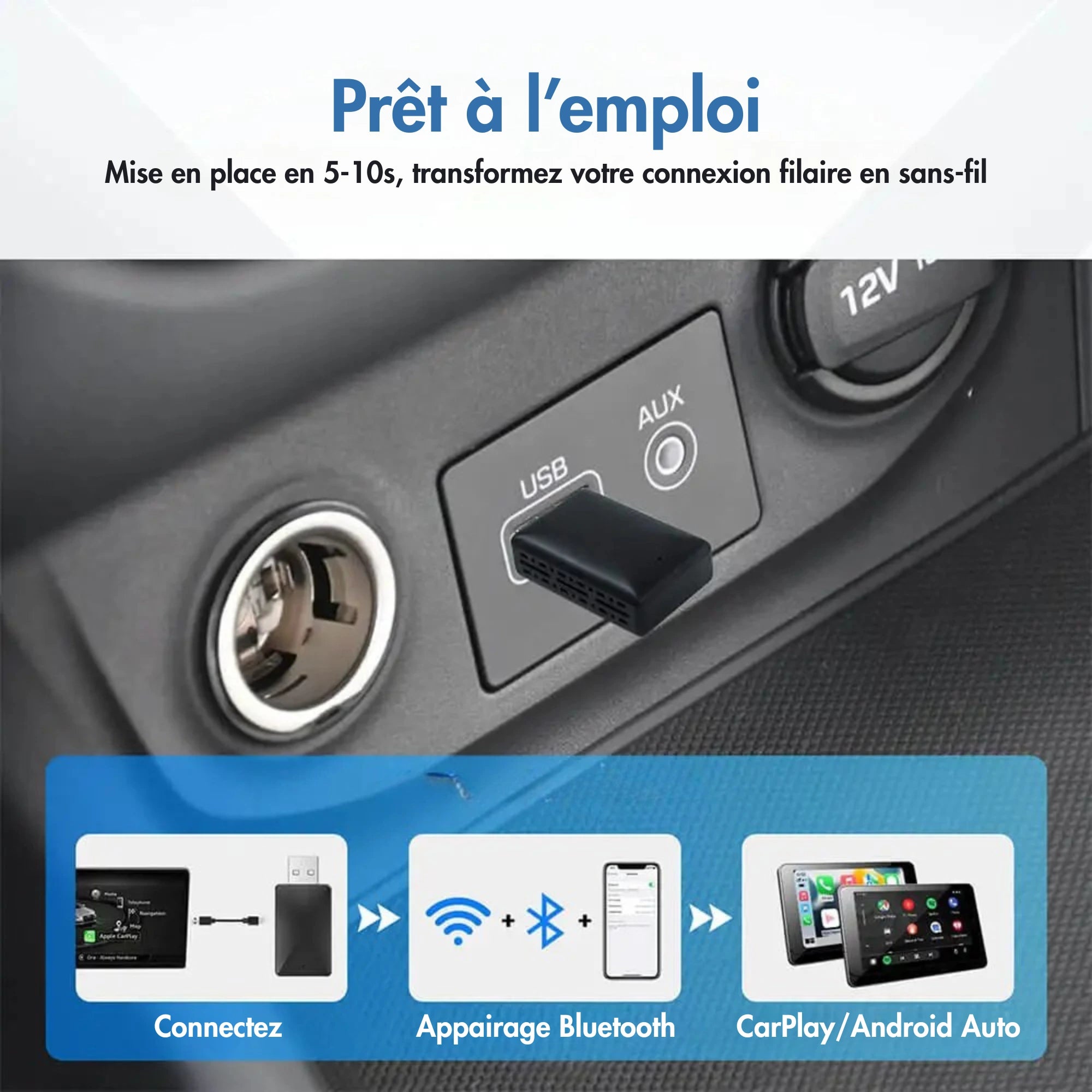 Adaptateur sans fil 2-en-1 CarPlay & Android Auto – Plug & Play
